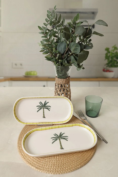 Hermia Set de Platos de Cerámica Blanco, Verde y Amarillo (2 Piezas) de 26 x 12 cm